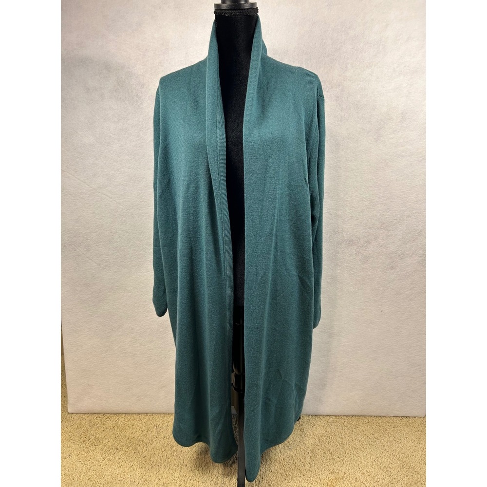 Dialogue Teal Green Merino Wool Blend Open Front Longline Cardigan Sweater 2X